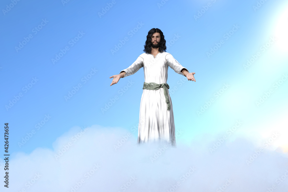 Ascension of Christ. Jesus rides on a cloud in heaven. 3d illustration, 3d rendering. Ascension of Christ. Jesus rides on a cloud in heaven. 3d illustration, 3d rendering.