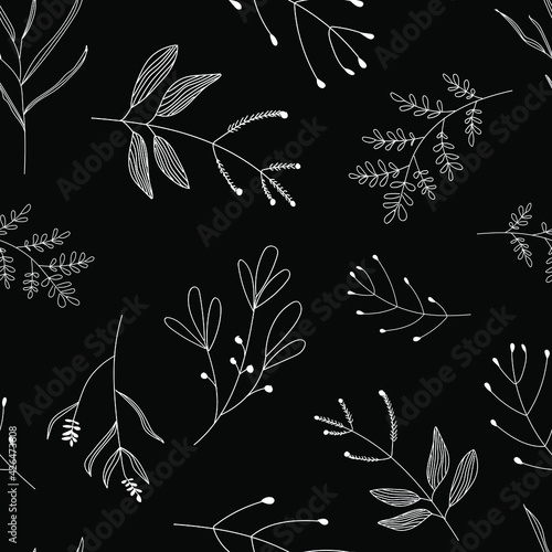 Seamless graphic black and white plant pattern in doodle style. Simple romantic print on the fabric for the dress