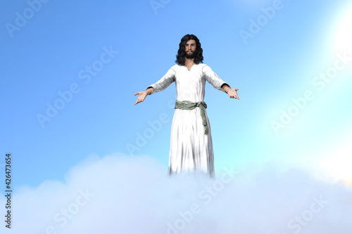 Ascension of Christ. Jesus rides on a cloud in heaven. 3d illustration, 3d rendering.