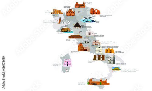 Italy historical and touristic places. 20 touristic place. Vector images.  Italian and english.