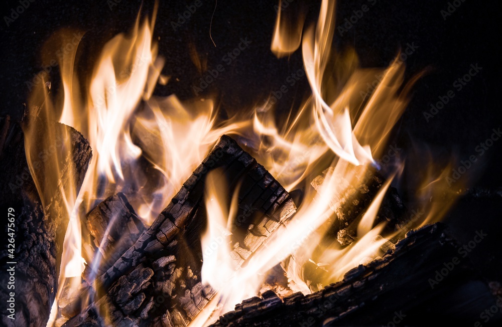 Fototapeta premium Fiery yellow orange tongues on dark background rise up in a brick fireplace burning flame, cold toned