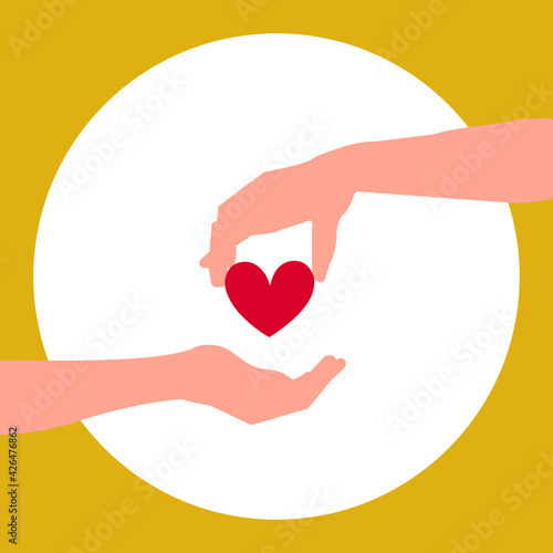 Charitable donation by heart. A person to share money, time, health. Postcard design to fund
hand giving heart and hand receiving. Vector graphics.