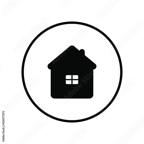 Black house icon in a white circle. Travel to a tourist destination. Overnight at the hotel, hostel. Rental of property. Return home, to the main page in the application, Website. Vector graphics.