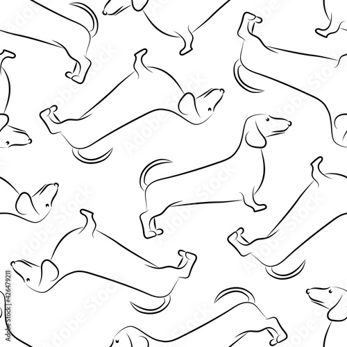 Seamless pattern with the image of a dachshund in a sketch style. Design for paper, textiles and decor. Black and white vector illustration.