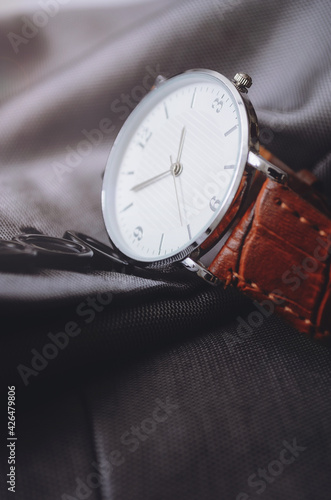 Leather Men's Watch Close-up, low key