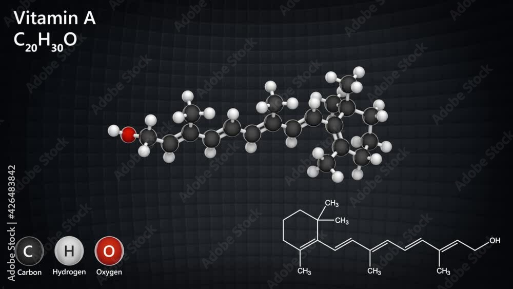 Vitamin A(Retinol). Found in food and used as a dietary supplement. 3D render. Seamless loop. Chemical structure model: Ball and Stick.
