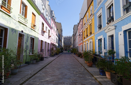 Colorful houses at Cremieux street in the 12th District is one of the prettiest residential streets in Paris. © kovalenkovpetr