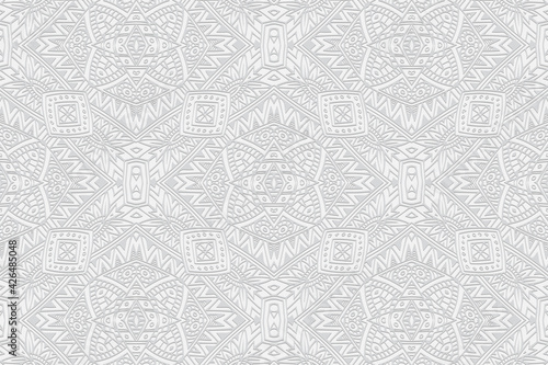 Geometric volumetric convex white background. Ethnic African, Mexican, Indian motives. Handmade style. 3D embossed complex national pattern for design and decoration. 