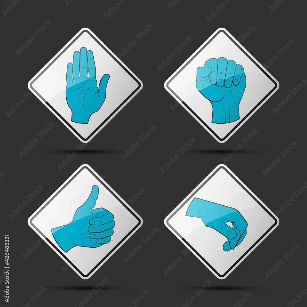 Collection human hand various gestures sketch on background road sign, thumbs up knuckles outline, open palm icon. Set of icons with gestures of human hands Collection human hand various gestures sketch on background road sign, thumbs up knuckles outline, open palm icon. Set of icons with gestures of human hands