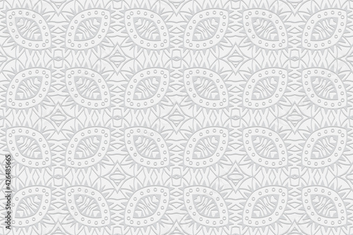 Geometric volumetric convex white background. Ethnic African, Mexican, Indian motives. Handmade style. 3D embossed original pattern for presentations, wallpapers, websites, textiles.