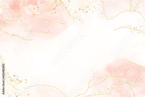 Abstract dusty blush liquid watercolor background with golden crackers. Pastel pink marble alcohol ink drawing effect. Vector illustration design template for wedding invitation