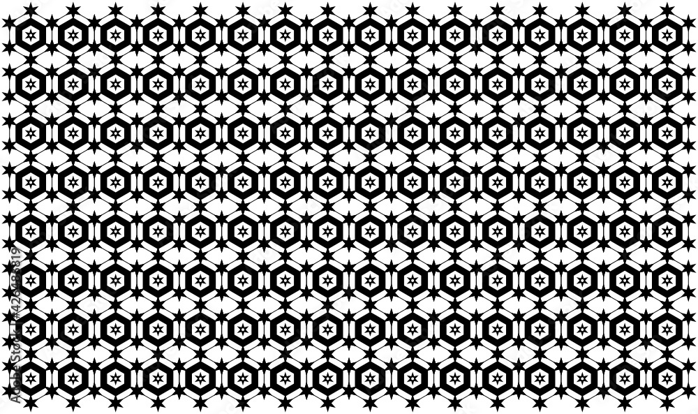Patrón de hexágonos y estrellas en blanco y negro creando entramado sobre fondo blanco Patrón de hexágonos y estrellas en blanco y negro creando entramado sobre fondo blanco