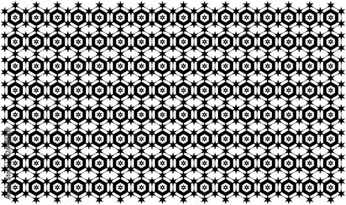 Patrón de hexágonos y estrellas en blanco y negro creando entramado sobre fondo blanco