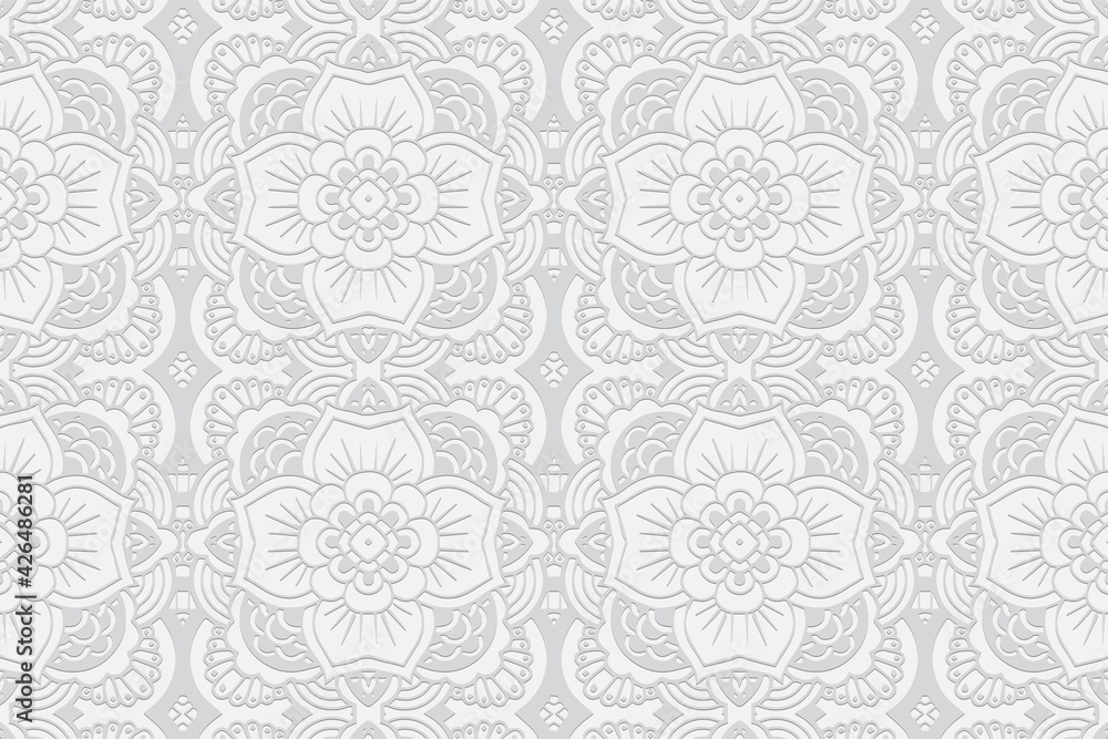 Geometric volumetric convex white background. Ethnic African, Mexican, Indian motives. Handmade style. 3D embossed large floral pattern for presentations, wallpapers, websites, textiles.