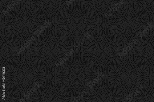 Geometric volumetric convex black background. Ethnic African, Mexican, Indian motives. Handmade style. 3D embossed pattern of intertwined lines for presentations, wallpapers, websites.
