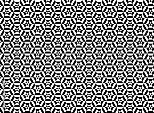 Patrón de triángulos y trapecios en blanco y negro formando hexágonos y colocados de forma alternativa en negativo