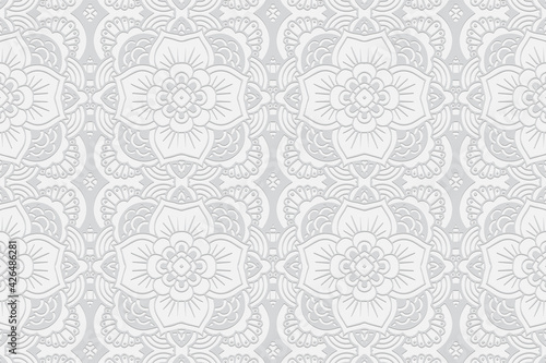 Geometric volumetric convex white background. Ethnic African, Mexican, Indian motives. Handmade style. 3D embossed large floral pattern for presentations, wallpapers, websites, textiles.