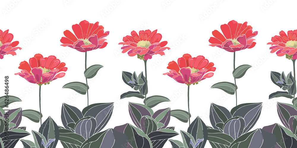 Vector floral seamless pattern, border. Red zinnias with green stems and leaves isolated on a white background. For decorating any surfaces, cards, banners.