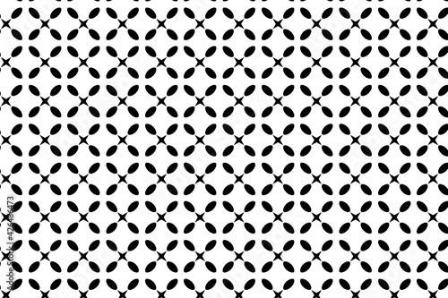 Patrón de óvalos y estrellas negras formando figuras ordenadas en vertical y horizontal sobre fondo blanco