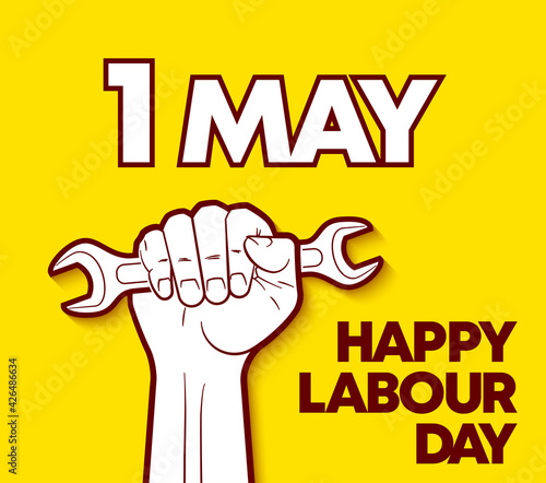 1 may Happy Labor Day wrench in a fist colors banner. 1st may Worker's day spanner in arm illustration. International holiday card tool hand. illustration