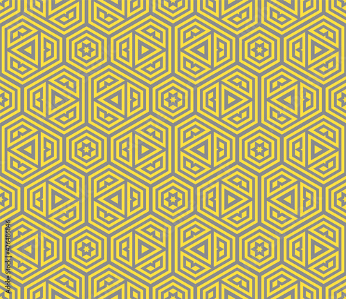 Abstract fantasy thin line hexagon, triangle geometric seamless pattern. Creative mosaic, tile background.