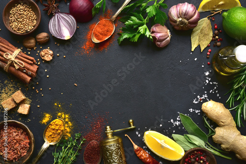 Assortment of natural spices. Top view with copy space.