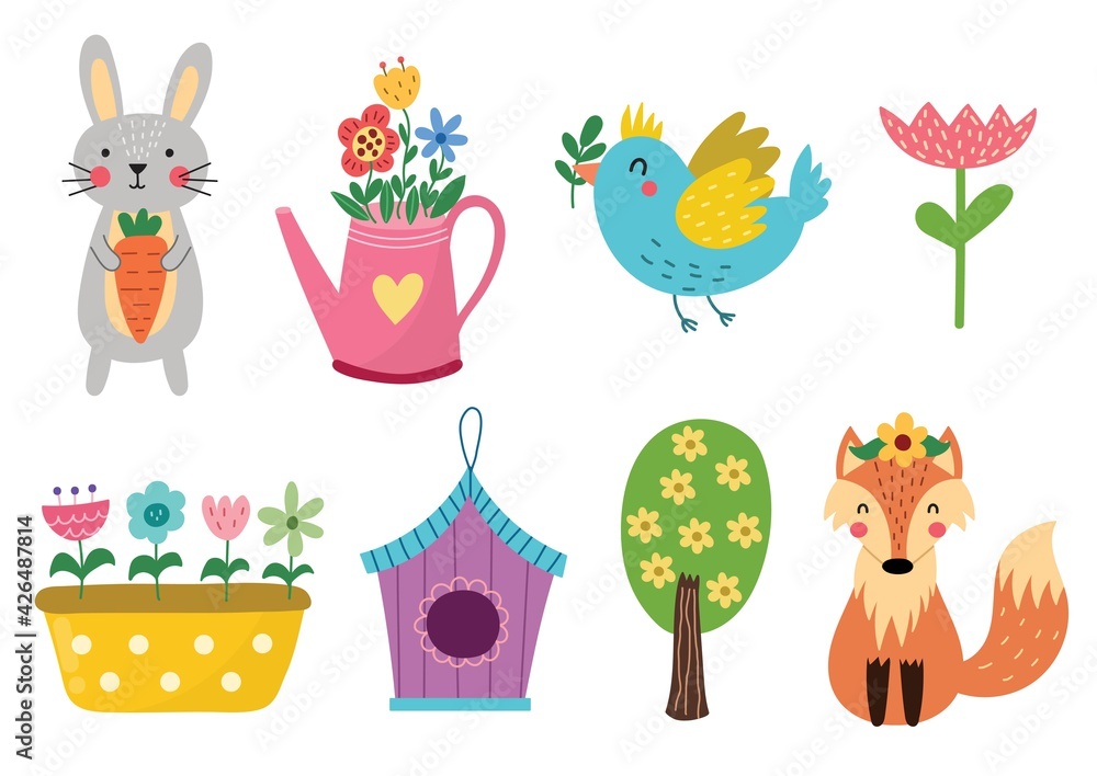 Cute spring elements collection. Springtime fox, rabbit, bird, flowers, blooming tree and more. Summer graphics set. Vector illustration