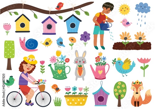 Spring set with cute rabbit, fox, birds, snail and kids. Hand drawn characters and springtime elements in cartoon style. Vector illustration 