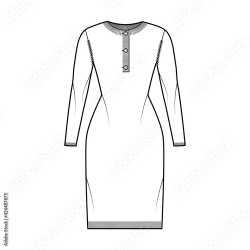 Dress Sweater henley neck technical fashion illustration with long sleeves, slim fit, knee length, rib knit trim. Flat jumper garment apparel front, white color style. Women, men, unisex CAD mockup