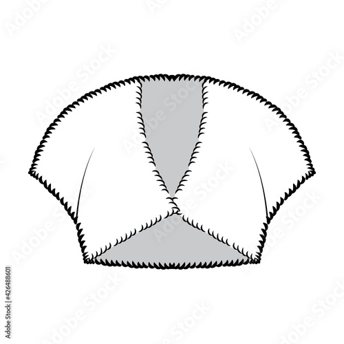 Faux fur shrug bolero technical fashion illustration with V- neck, capped sleeves, cut-away style, fitted body, crop length. Flat top apparel front, white color. Women, men unisex CAD mockup