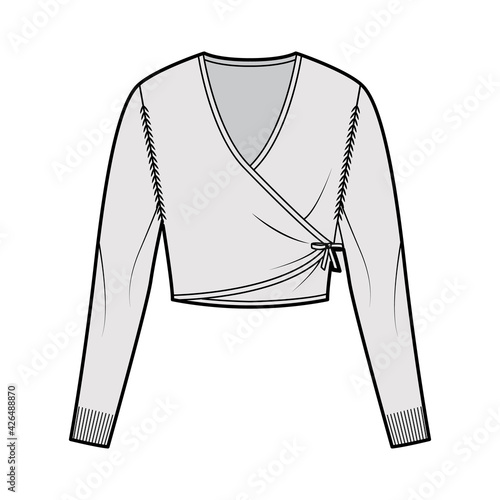 Ballet cardigan technical fashion illustration with V- neck, long sleeves, slim fit, crop length, knit rib trim. Flat Sweater bolero apparel front, grey color style. Women, men unisex CAD mockup