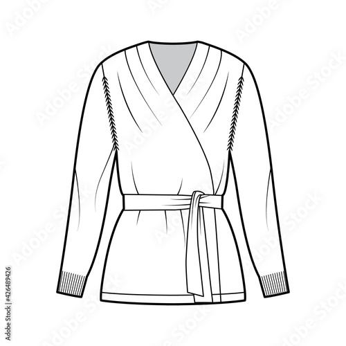 Wrap cardigan technical fashion illustration with V- neck, tie, long sleeves, slim fit, hip length, knit rib trim. Flat Sweater apparel front, white color style. Women, men unisex CAD mockup