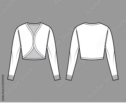 Shrug bolero cardigan technical fashion illustration with V- neck, long sleeves, slim fit, crop length, knit rib trim. Flat Sweater apparel front, back, white color style. Women, men unisex CAD mockup