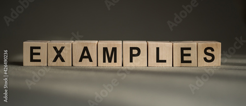 A wooden blocks with the word EXAMPLES written on it on a gray background.