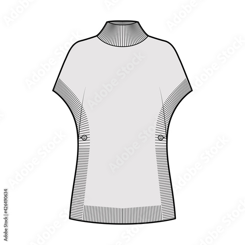 Poncho Sweater technical fashion illustration with rib turtleneck, short batwing sleeves, oversized, hip length, knit trim. Flat apparel front, grey color style. Women, men unisex CAD mockup