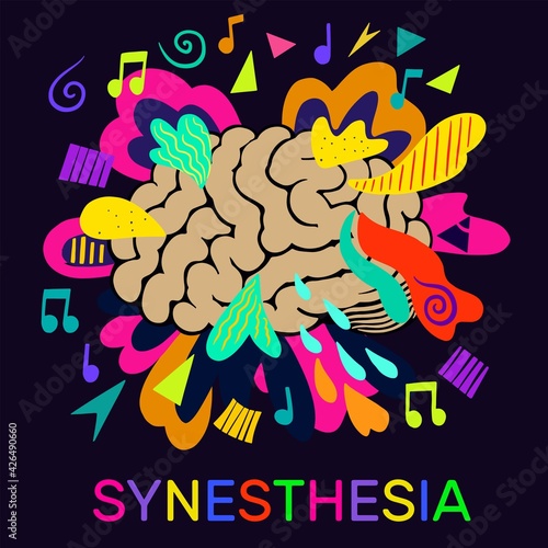 Synesthesia. Bright concept of human brain, notes and colorful psychedelic shapes.