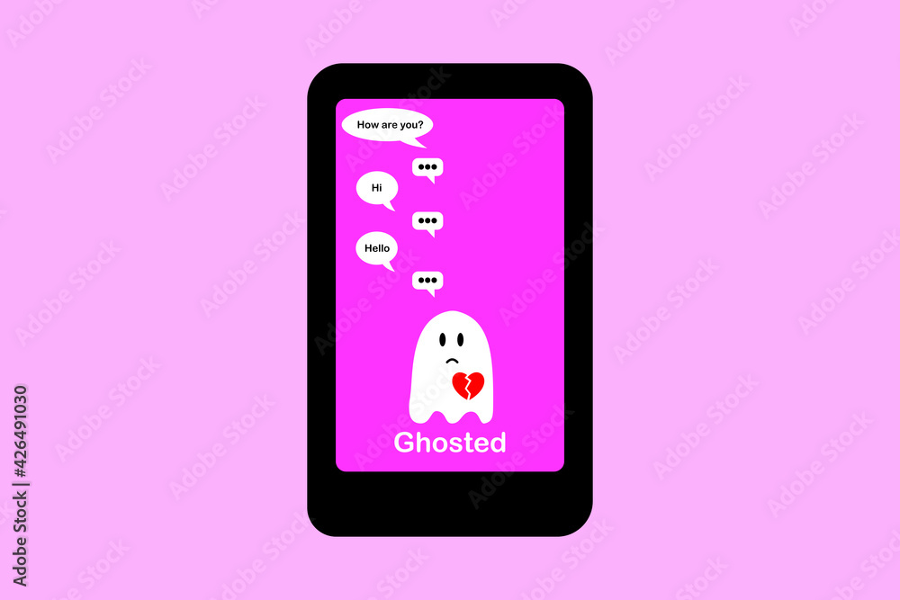 Ghosting illustration, ghosted to cut all communication without explanation, ending a relationship.