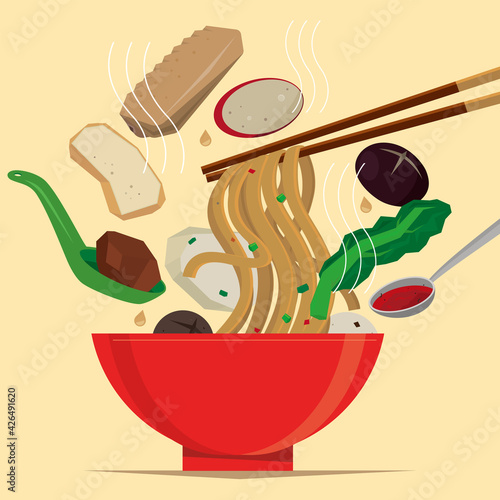 Graphic illustration of a meal of Hong Kong-styled cart noodle