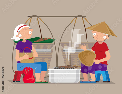 Vector illustration of a roadside itinerant food hawker in Vietnam