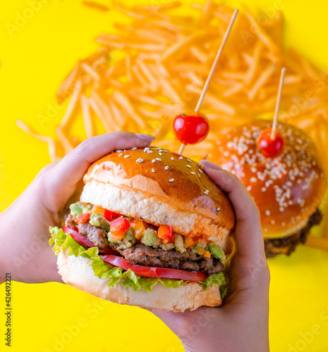 Food, burgers, salats, new and yellow photo