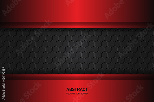 Metallic hexagonal black carbon grid. Carbon fiber black hexagon texture. Red and black plates on carbon mesh.