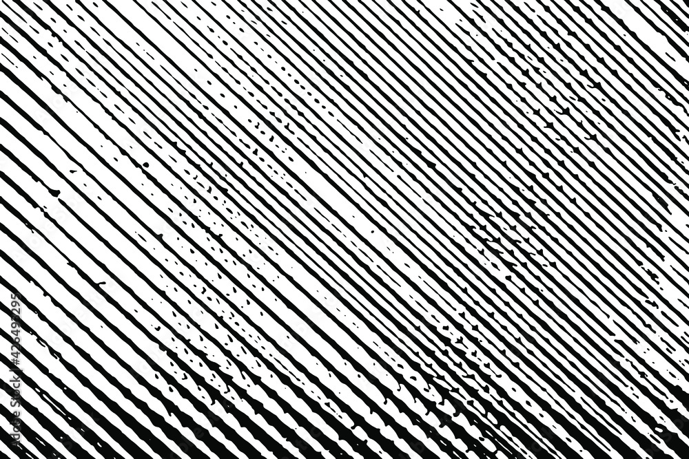 Grunge texture of uneven diagonal stripes. Monochrome urban background of irregular parallel lines with spots, noise and graininess. Overlay template. Vector illustration