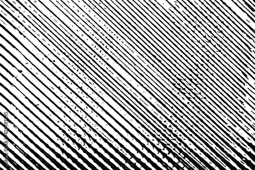 Grunge texture of uneven diagonal stripes. Monochrome urban background of irregular parallel lines with spots, noise and graininess. Overlay template. Vector illustration