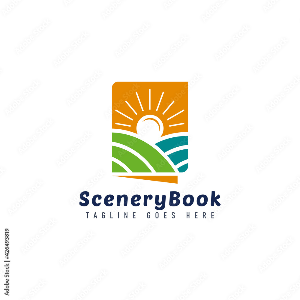 Book Shape with Landscape View and Sunshine Logo Design. Graphic Design Element.