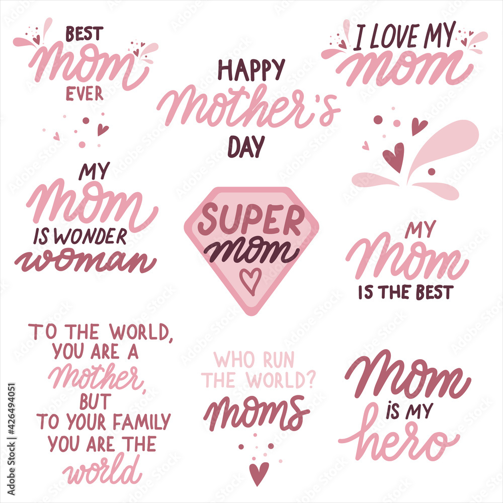 Mothers day lettering set with quotes for mom. Cute vector hand ...
