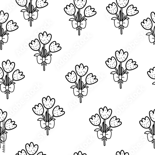 Cute tulips black and white seamless pattern. Springtime background and coloring page. Easter flowers. Great for textile, gift paper or prints. Vector illustration