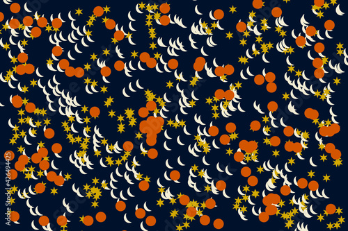 Patrón de lunas, estrellas y soles de colores desordenados sobre fondo azul