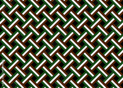 Patrón de rayas en colores blanco, verde y marrón cruzadas diagonalmente creando un entramado sobre fondo negro