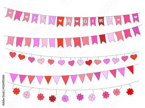 Bunte Wimpelketten Set in rosa pink, Girlande, Wimpelgirlande für Feste, Wimpel Herzen und Kleeblätter,
Vektor Illustration isoliert auf weißem Hintergrund
