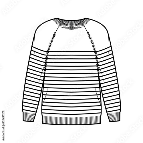 Sailor Sweater Striped Pullover technical fashion illustration with rib crew neck, long raglan sleeves, oversized, knit cuff. Flat apparel front, white color style. Women, men unisex CAD mockup
